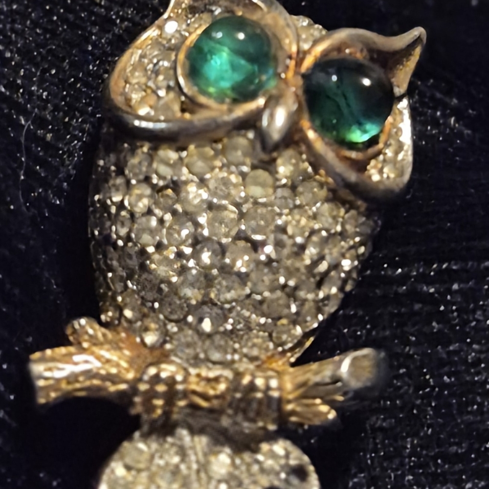 Kenneth Jay Lane Gold and Silver Owl Brooch with Green Accents